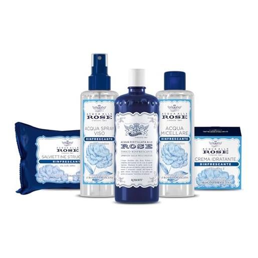 Acqua alle Rose, kit routine viso rinfrescante, per tutti i tipi di pelle, contiene tonico rinfrescante, acqua micellare, crema idratante, salviettine struccanti e acqua spray - esclusiva amazon