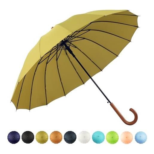 SoulRain 16 costolette 121,9 cm bastone ombrello auto aperto tinta unita moda e semplice, manico arco classico in legno antivento unbreakable bastone ombrello antipioggia