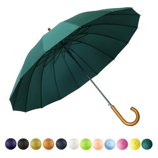 SoulRain 16 costolette 121,9 cm bastone ombrello auto aperto tinta unita moda e semplice, manico arco classico in legno antivento unbreakable bastone ombrello antipioggia