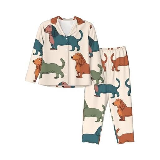 HJRT pigiama da donna con bottoni, motivo bassotto, a maniche lunghe, con tasca, set da salotto, nero , m