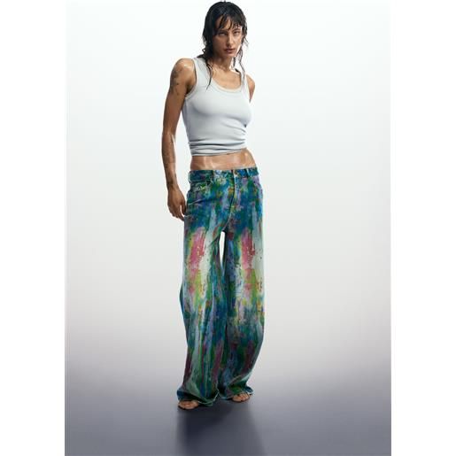 Desigual, pantaloni jeans wide leg splatter, donna, cotone, blu, 34