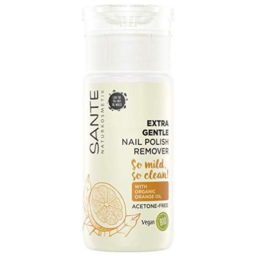 Sante naturkosmetik extra gentle nail polish remover, solvente per unghie con olio di arancia biologico e alcool biologico, privo di acetone, delicato e nutriente, vegano, 100 ml