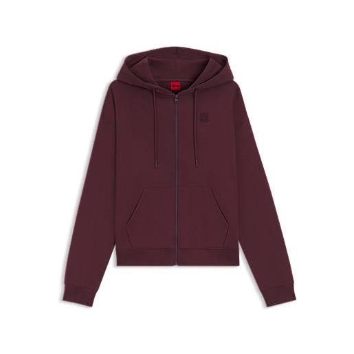 HUGO felpa con cappuccio in terry di cotone con zip e logo scomposto ricamato, rosso scuro