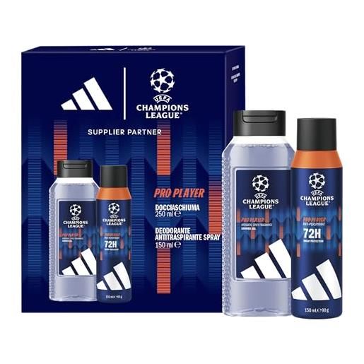 adidas, cofanetto regalo uefa champions league pro player, deodorante antitraspirante spray per il corpo 150ml e docciaschiuma 250ml