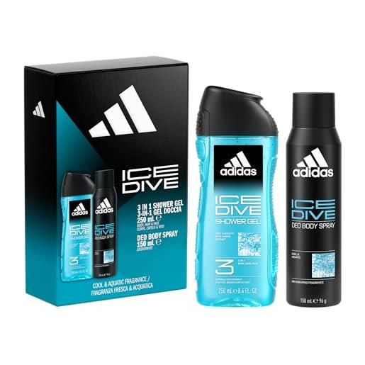 adidas, cofanetto regalo ice dive, deodorante spray per il corpo 150ml e docciaschiuma 3 in 1 250ml