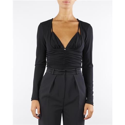 ELISABETTA FRANCHI body nero in jersey crêpe con drappeggi