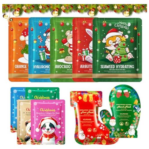 Byhsoep 11pezzi maschere viso regalo natale, 5 maschera viso idratante+4 patch per occhiaie idratante+maschera mani e piedi, idratante e nutriente, un regalo di natale perfetto per la tua ragazza/madre/moglie