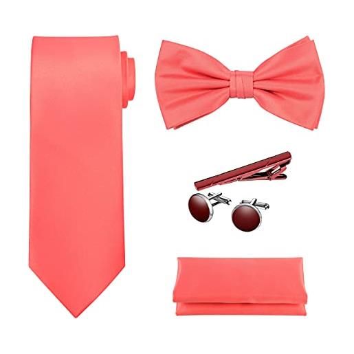 Tie G U Style - uomini set di 5 pezzi in confezione regalo: set di cravatte: cravatta in tinta unita, papillon in raso, fazzoletto da taschino, bavero, polsini (d - scatola di corallo nero)