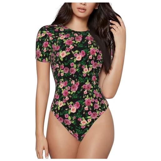 TZTTZT splendido body da donna con fiori di rosa, a maniche corte, maglietta per controllo della pancia, nero, small