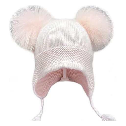 Brillabenny cappello cuffia neonato para orecchie lana soft pon pon vera pelliccia bambina baby hat fur (rosa 2)