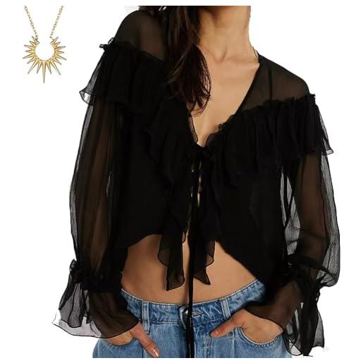 Homtrator top a maniche lunghe in chiffon con volant, camicetta da donna in chiffon con colletto, top casual da sera