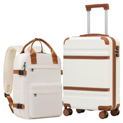 COOLIFE ryanair valigia bagaglio a mano, set di valigie, trolley, valigia da cabina 55×35×20 e zaino da imbarco 20l(40×25×20cm)chiusura a combinazione laterale con tsa(bianco marrone, 55×35×20 -set 2pzs)