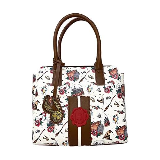 Loungefly borsa a tracolla con stampa di tatuaggi di hogwarts di harry potter, bianco, large