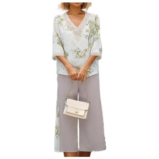 Goolecrimp completo da donna elegante in due pezzi in chiffon con scollo tondo, set di pantaloni a gamba larga a vita alta in chiffon con stampa bohémien in pizzo con scollo a v in pizzo (rosa, 3xl)