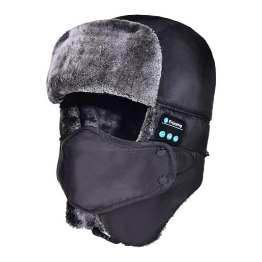 fesoklaf cappello da cacciatore bluetooth, unisex, invernale, con paraorecchie, per musica, caldo, antivento, in finta pelliccia, con cuffie e paraorecchie, per sci, ciclismo, nero , taglia unica