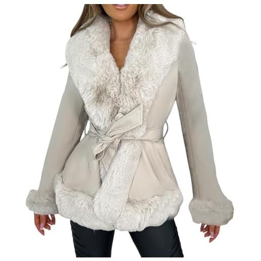 Generisch giacca da donna in similpelle cappotto corto invernale parka cappotto a maniche lunghe con colletto in pelliccia, soffice sul davanti aperto, caldo trench lungo con cintura outwear, beige