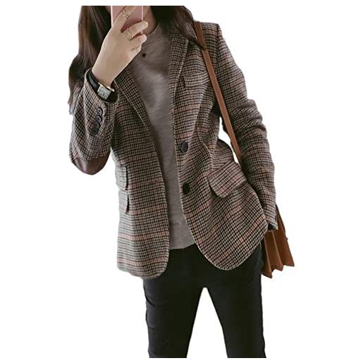 Shevog giacca in tweed a quadri per donna monopetto boyfriend blazer giacca da completo cappotto con gomito con toppe, cachi, 10-12