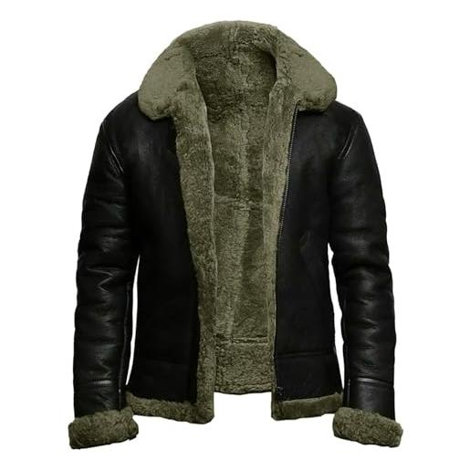 Generic giacca da uomo foderata in pile retrò da uomo, giacca invernale ispessita stile militare cappotto in ecopelle con colletto in pelliccia classico steampunk cappotto da moto vintage bomber capispalla