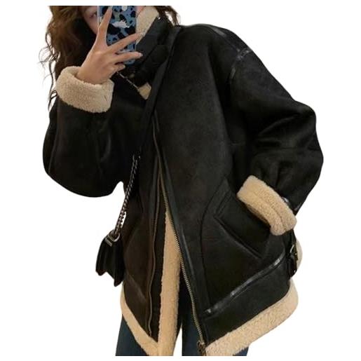 loveimgs giacca da moto oversize da donna, in finta pelle scamosciata, foderata in pile sherpa, cappotto in pelliccia di montone, nero, small