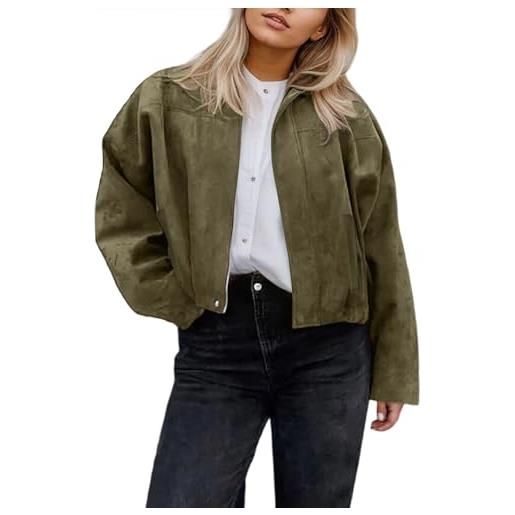 Generico giacca scamosciata donna bomber con tasche softshell in finta pelle, scamosciata con risvolto colletto in pelle giacche primavera inverno caldo maniche lunghe camoscio giacca vintage cappotto