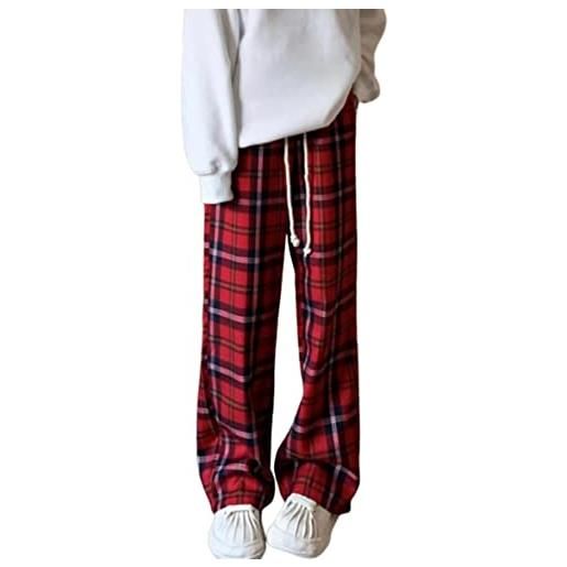 LAVASEON jeans larghi scozzesi casual da donna pantaloni goth grunge a vita alta y2k abbigliamento coulisse pantaloni streetwear, rosso, l