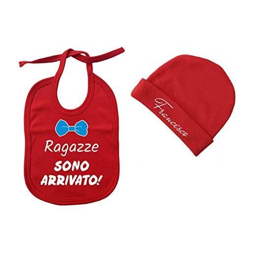 Fashion Graphic coordinato bavetta bavaglino e cappellino neonato bimbo ragazze sono arrivato cotone 0-3 mesi personalizzato con nome made in italy rosso