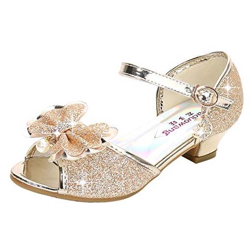 New front yonier scarpe con tacco ragazza ballerine bambina cerimonia festa lustrino nozze scarpe da principessa eleganti piatto singole ballerina bimba cristallo bling sandali, oro, 37
