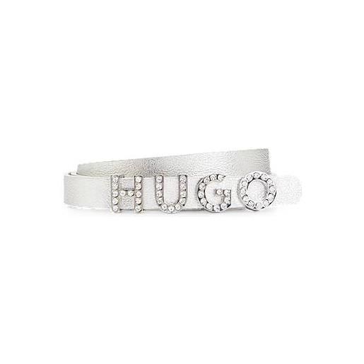 HUGO cintura in pelle italiana con logo con cristalli e fodera interna integrale, argento