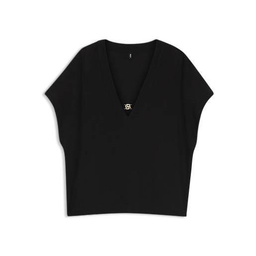 BOSS crepe v-neck top with double b monogram buckle, nero