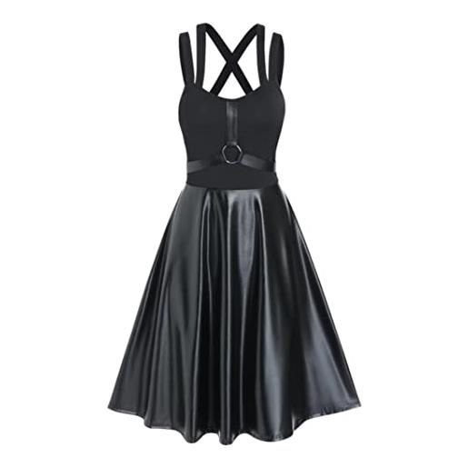COOKOE gotico o ring in similpelle croce indietro abito donna senza maniche punk imbracature vestito da partito nero