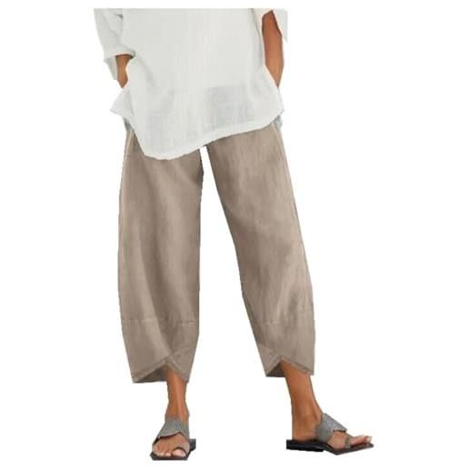 Placitiume pantaloni capri da donna in lino, pantaloni estivi casual a palazzo a vita alta con tasche, comodi pantaloni larghi corti 2025 moda, cachi, xl