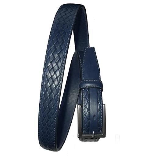 Antonio de Patrizi cintura uomo in cuoio stampata treccia con altezza 3 cm, vera pelle italiana, produzione artigianale, made in italy, accorciabile. Fibbia satinata made in italy. (blu, 105)
