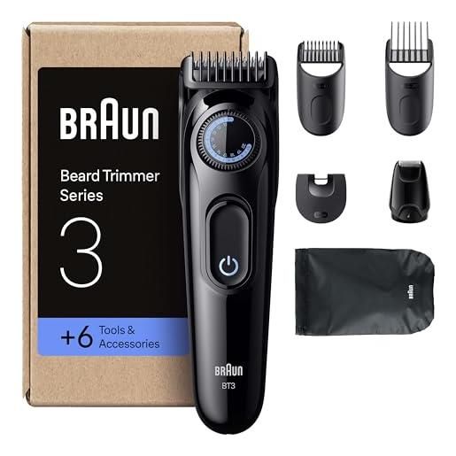 Braun regolabarba uomo series 3, +6 strumenti di styling, lama ultra affilata, 50 min di utilizzo, 40 lunghezze, rasoio elettrico barba, bt3565, nero/blu