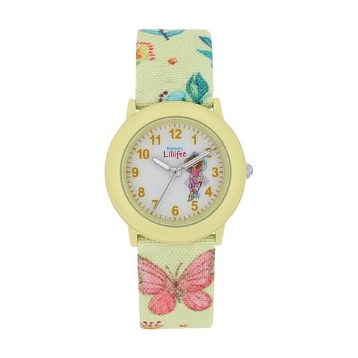 Prinzessin Lillifee orologio da polso per bambine, al quarzo, analogico, con cinturino in tessuto, impermeabile fino a 3 bar, fornito in confezione regalo, farfalla gialla