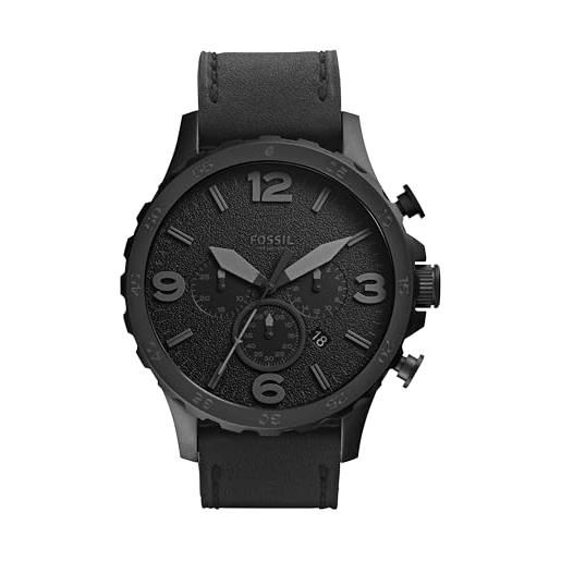 Fossil orologio nate da uomo, movimento cronografo al quarzo, cassa 50 mm in acciaio inossidabile nero con cinturino in vera pelle, jr1354, nero