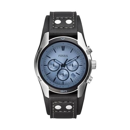 Fossil orologio coachman da uomo, movimento cronografo al quarzo con cinturino in pelle, 45 mm, blu