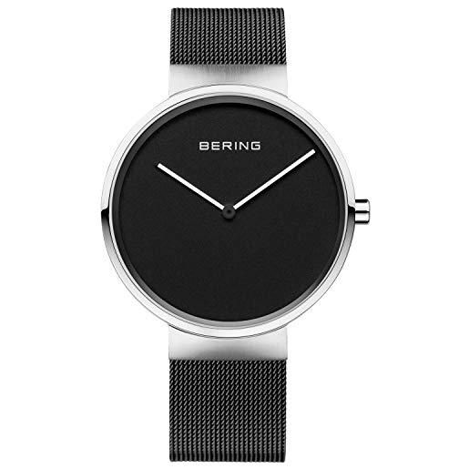 BERING 14539-102 orologio unisex al quarzo, orologio da polso con cassa in acciaio inossidabile color argento da 39 mm, quadrante nero, cinturino in maglia milanese, vetro zaffiro, 5 atm