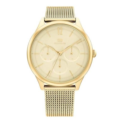 Tommy Hilfiger orologio analogico multifunzione al quarzo da donna con cinturino in maglia metallica in acciaio inossidabile di colore dorato - 1782458