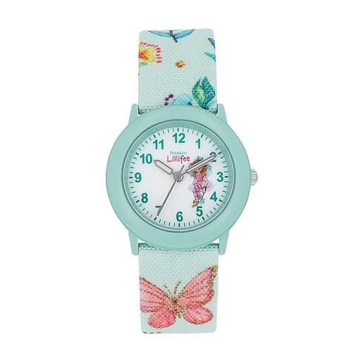 Prinzessin Lillifee orologio da polso per bambine, al quarzo, analogico, con cinturino in tessuto, impermeabile fino a 3 bar, fornito in confezione regalo, farfalla verde