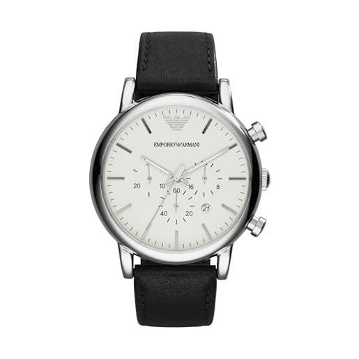 Emporio Armani orologio uomo, movimento cronografo al quarzo, cassa in acciaio inossidabile 46 mm con cinturino in pelle, ar1807, bianco sporco e argento, 46 mm