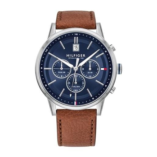 Tommy Hilfiger orologio multifunzionale da uomo in quarzo da 44 mm - cinturino in pelle marrone chiaro, quadrante blu navy, 3 sotto-quadranti, resistente all'acqua 5atm - 1791629