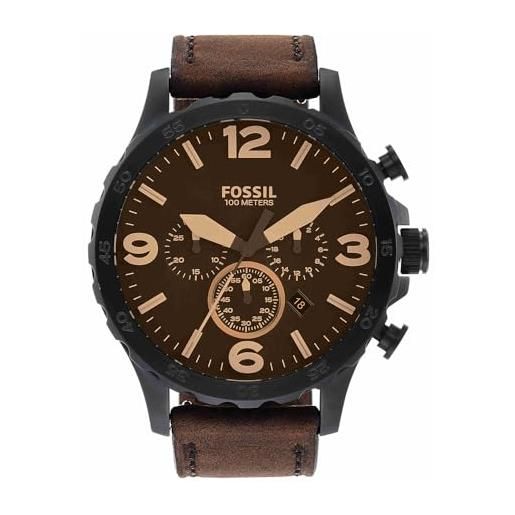 Fossil orologio nate da uomo, movimento cronografo al quarzo, cassa 50 mm in acciaio inossidabile nero con cinturino in vera pelle, jr1487, marrone