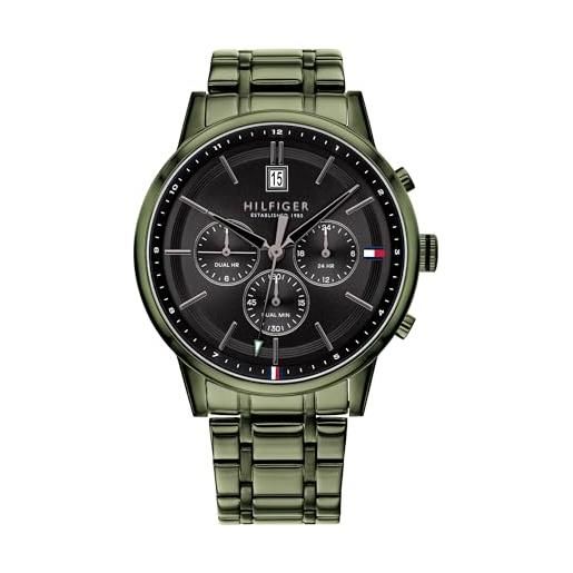 Tommy Hilfiger orologio multifunzionale al quarzo da uomo - movimento a 3 lancette, bracciale in acciaio inossidabile verde, quadrante nero con effetto sole, resistente all'acqua 5atm - 1791634