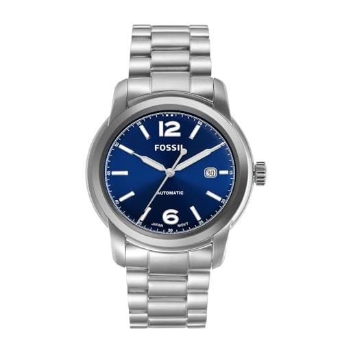 Fossil orologio heritage da uomo, movimento automatico con cinturino in acciaio inossidabile o in pelle, 43 mm, tono argento e blu