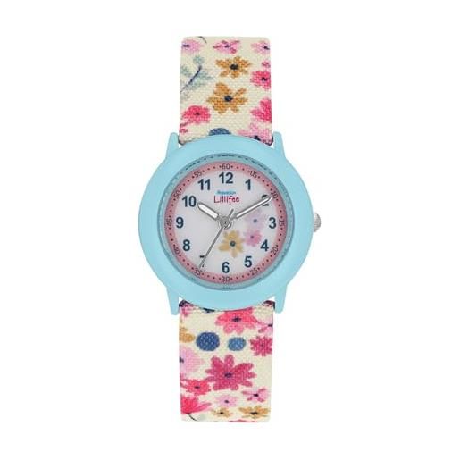 Prinzessin Lillifee orologio al quarzo analogico per bambine con cinturino in tessuto, blu, resistente all'acqua fino a 3 bar, fornito in confezione regalo, 2039503, fiori blu