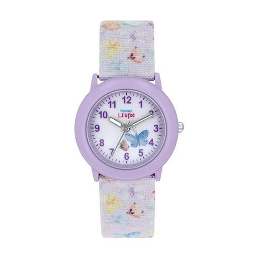 Prinzessin Lillifee orologio da polso per bambine, al quarzo, analogico, con cinturino in tessuto, impermeabile fino a 3 bar, fornito in confezione regalo, farfalla viola