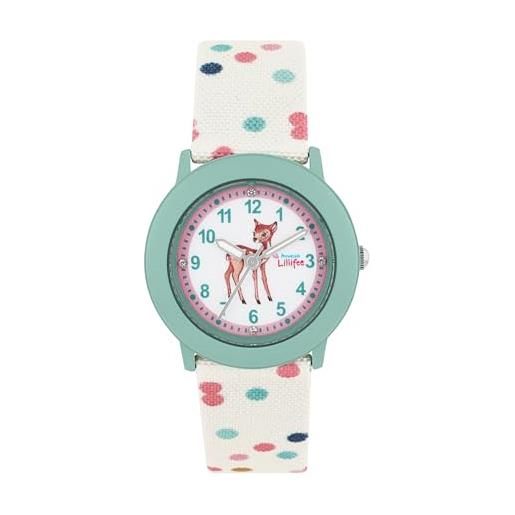 Prinzessin Lillifee orologio al quarzo analogico per bambine con cinturino in tessuto, bianco, resistente all'acqua fino a 3 bar, fornito in confezione regalo, 2038626, verde cervo