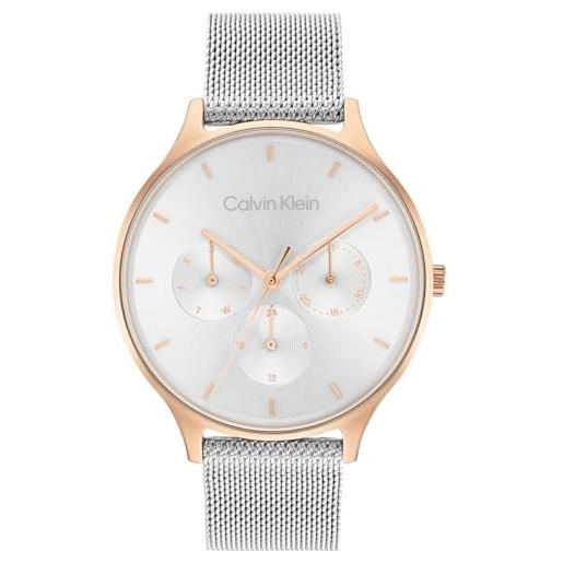 Calvin Klein orologio analogico multifunzione al quarzo da donna collezione timeless mesh mf con cinturino in maglia metallica in acciaio inossidabile argentato - 25200106