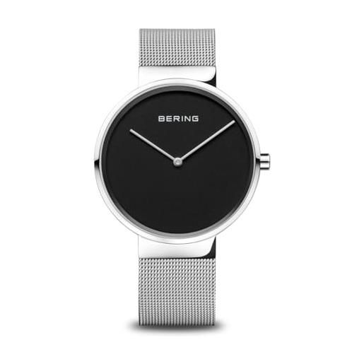 BERING 14539-002 orologio unisex al quarzo, orologio da polso con cassa in acciaio inossidabile color argento da 39 mm, quadrante nero, cinturino in maglia milanese, vetro zaffiro, 5 atm