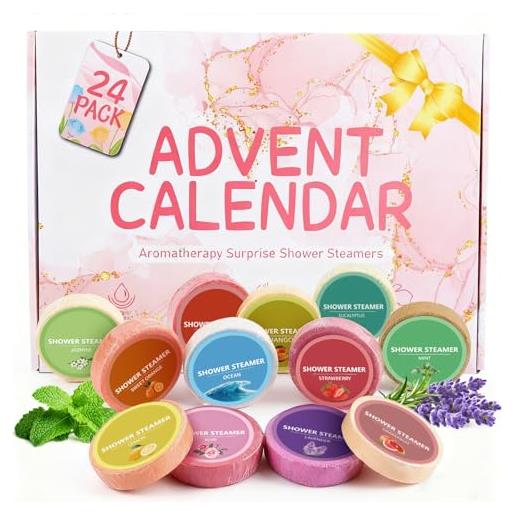 Moiuguli shower steamers aromaterapia calendario avvento 2025, sorpresa per 24 giorni bombe da doccia, 12 profumi naturali，donna uomo calendario dell avvento 2025, un regalo di natale per i cari della ragazza